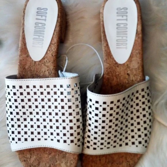 Soft Comfort White Wide Band Cork Heel Slip On Sandals Slides Slippers Size 8 - Picture 2 of 7